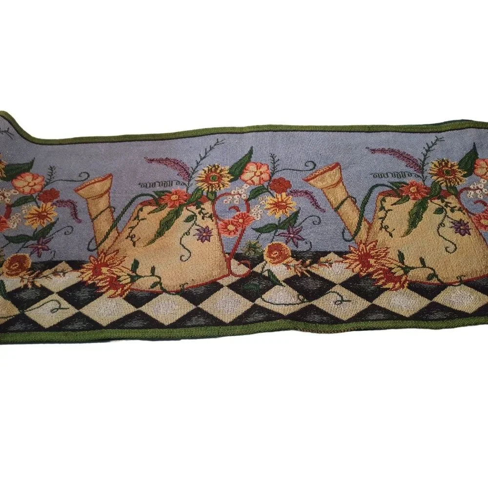 watering can‎ vintage tapestry table runner blue floral 13 x 70
